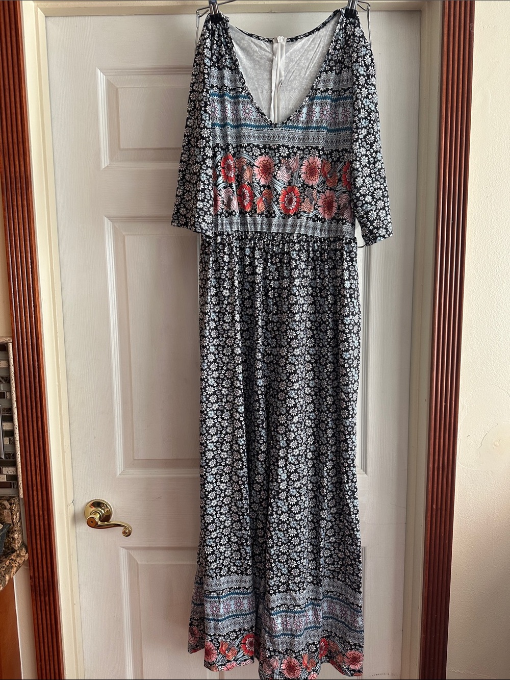 Bohemian Black Floral Jumpsuit with Coral Accents